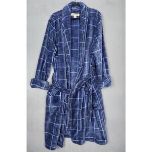Tommy Bahama Robe Mens Medium Blue Plaid Fleece Belted Bathrobe Lounge
